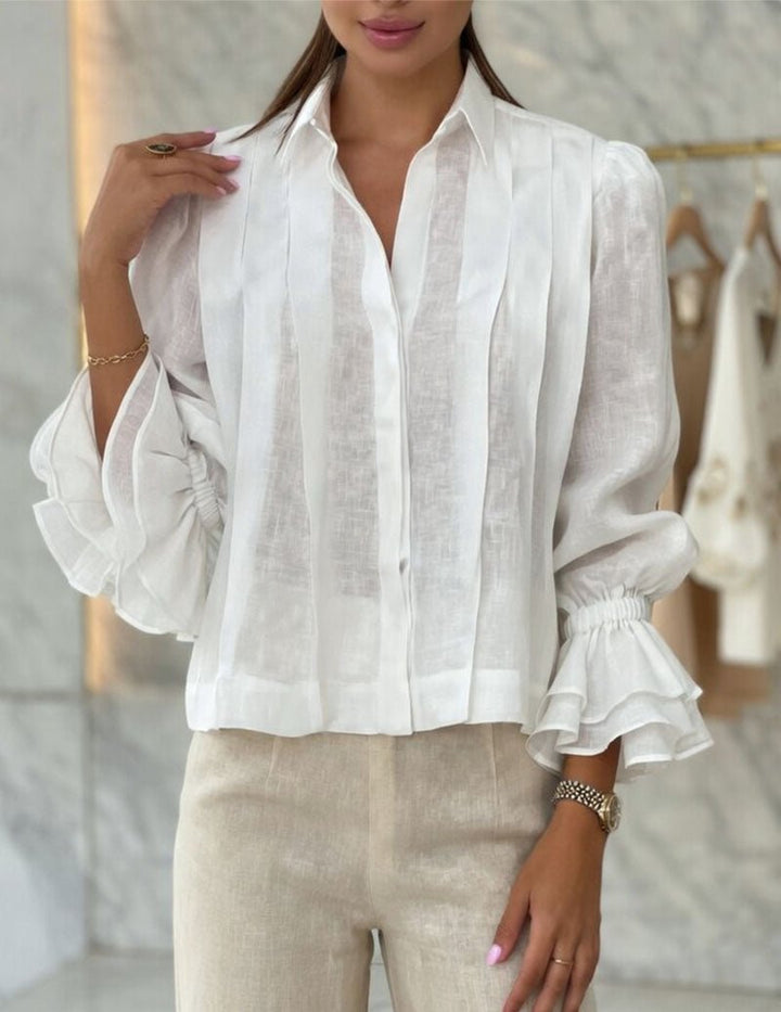 Kvinnors Plisserad Linneblus med Tierade Volanger