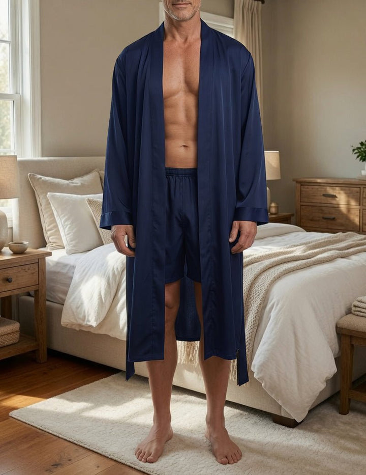 Mans Satin Morgonrock Set Med Matchande Shorts