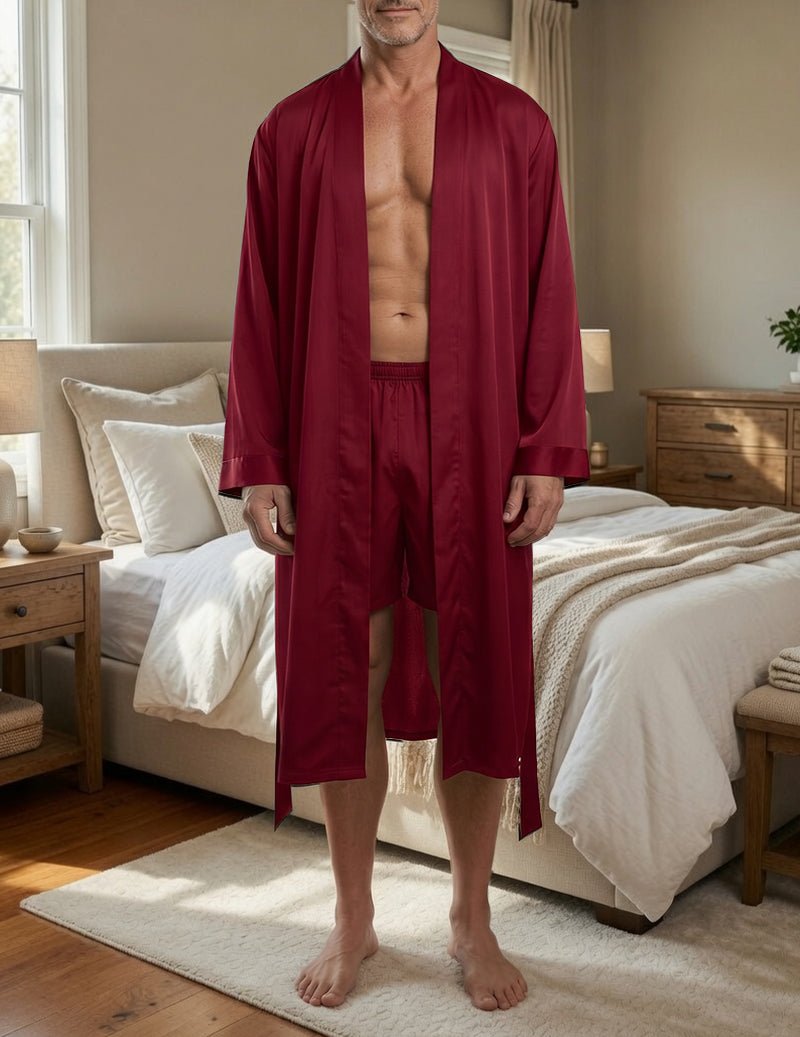 Mans Satin Morgonrock Set Med Matchande Shorts