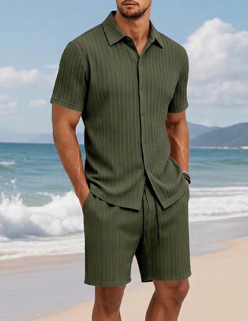 Mäns Texturerad Skjorta Och Shorts Set Med Knappar