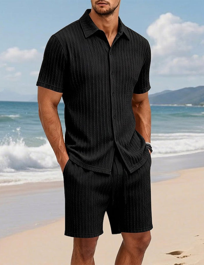 Mäns Texturerad Skjorta Och Shorts Set Med Knappar