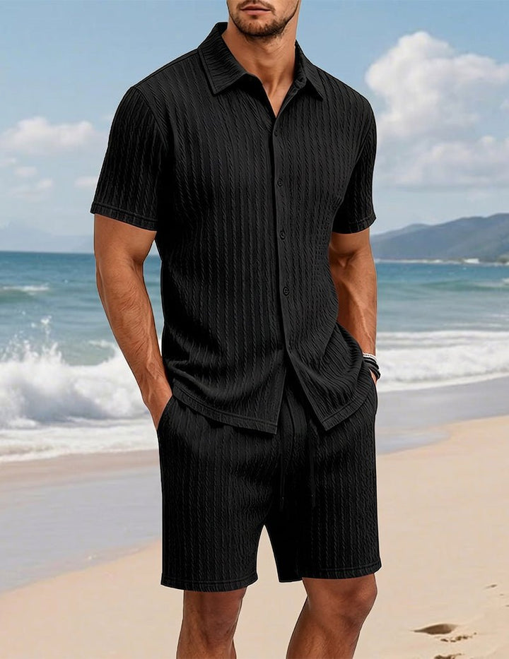 Mäns Texturerad Skjorta Och Shorts Set Med Knappar