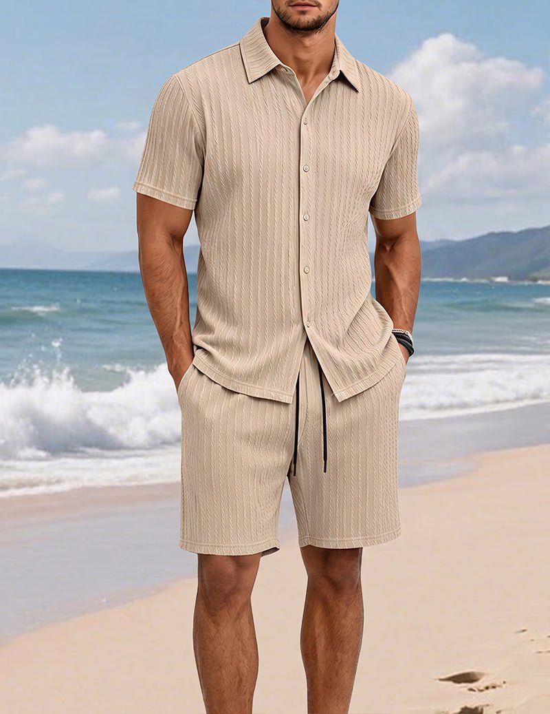 Mäns Texturerad Skjorta Och Shorts Set Med Knappar