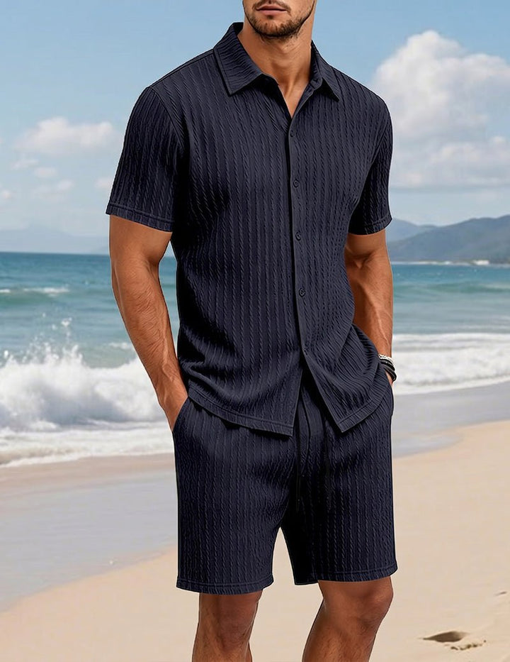 Mäns Texturerad Skjorta Och Shorts Set Med Knappar