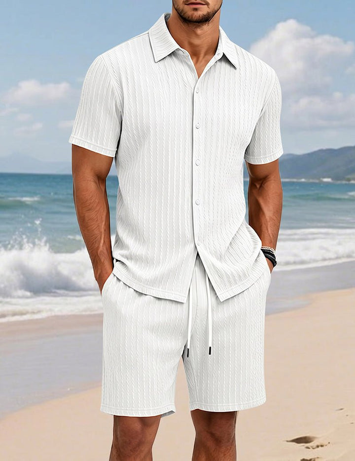 Mäns Texturerad Skjorta Och Shorts Set Med Knappar