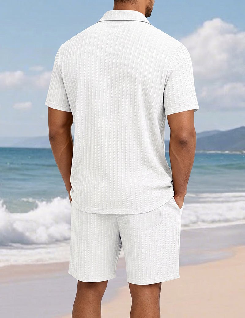 Mäns Texturerad Skjorta Och Shorts Set Med Knappar