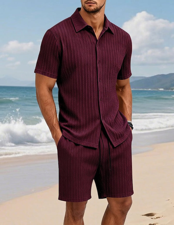 Mäns Texturerad Skjorta Och Shorts Set Med Knappar