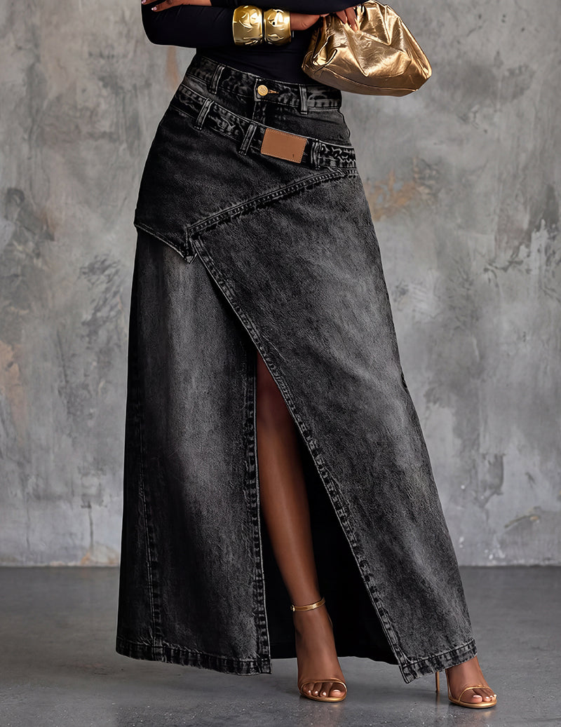 Kvinnors Asymmetrisk Wrap Denim Maxi Kjol med Framspaltning