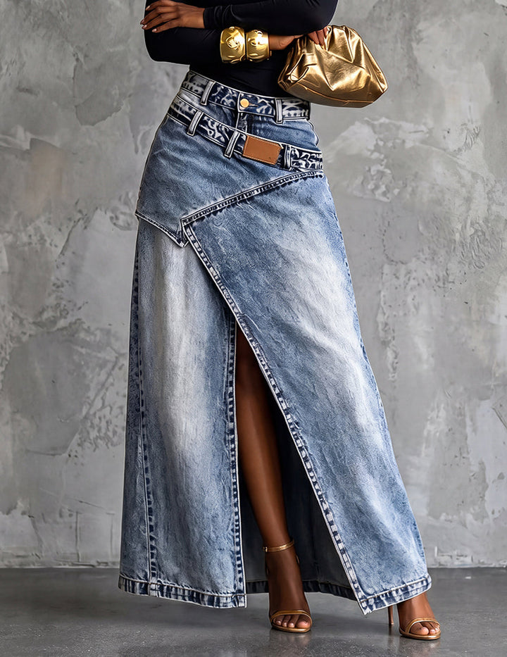 Kvinnors Asymmetrisk Wrap Denim Maxi Kjol med Framspaltning
