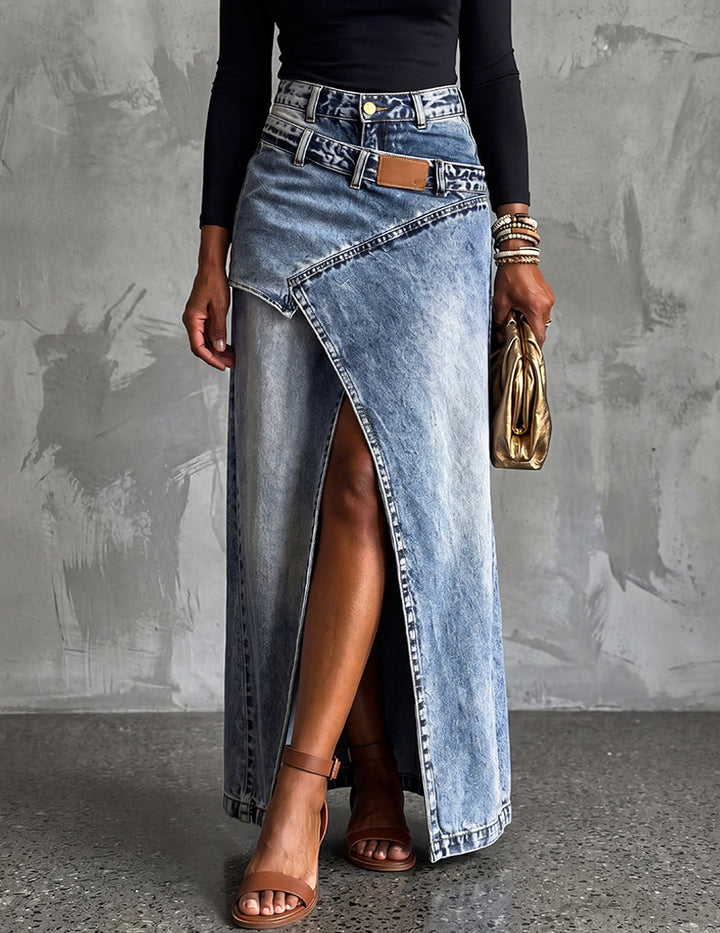Kvinnors Asymmetrisk Wrap Denim Maxi Kjol med Framspaltning