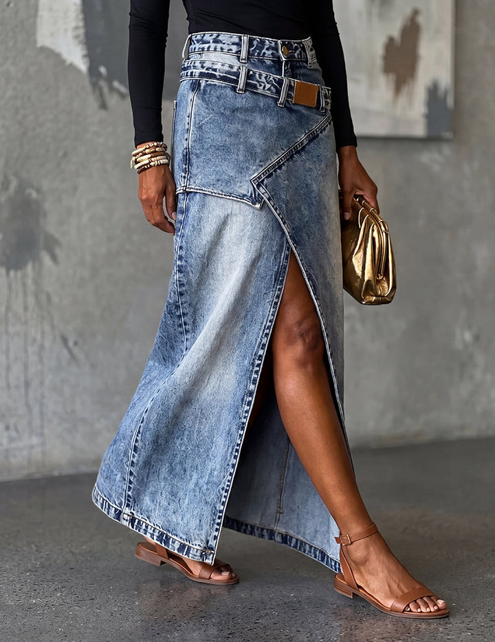 Kvinnors Asymmetrisk Wrap Denim Maxi Kjol med Framspaltning