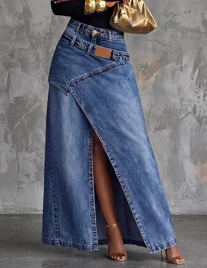 Kvinnors Asymmetrisk Wrap Denim Maxi Kjol med Framspaltning