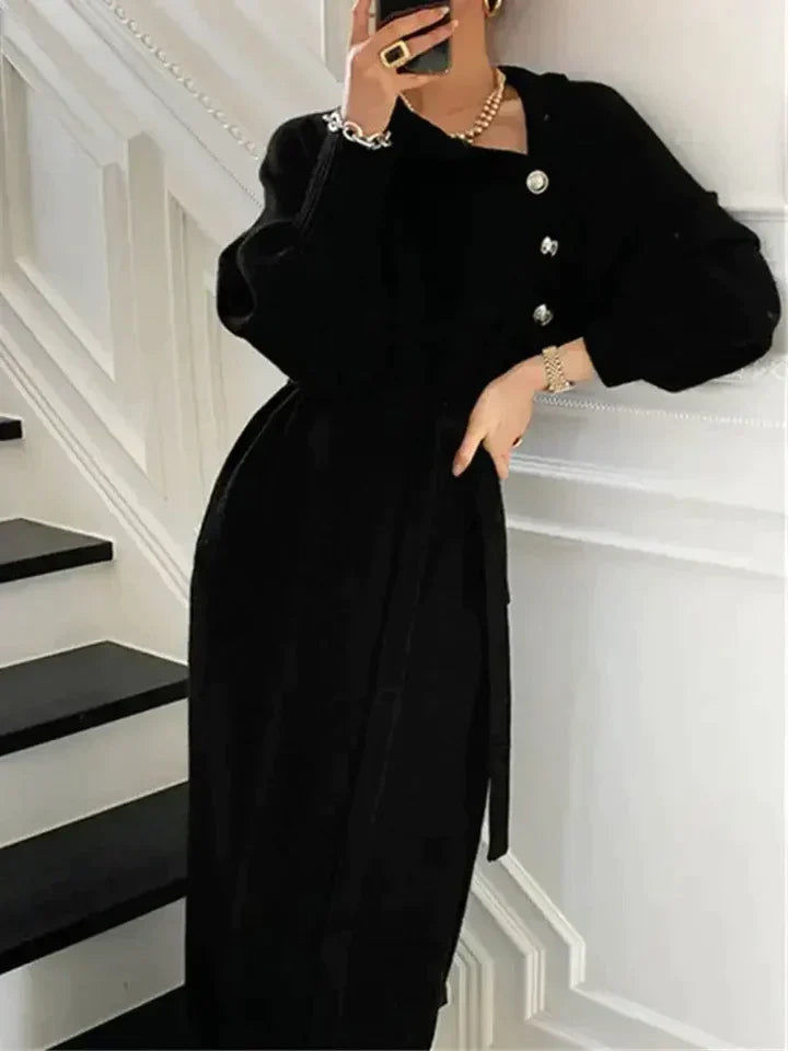Kvinnors Eleganta Turtleneck Klänning med Knappar och Knytmidja för Höst Vinter