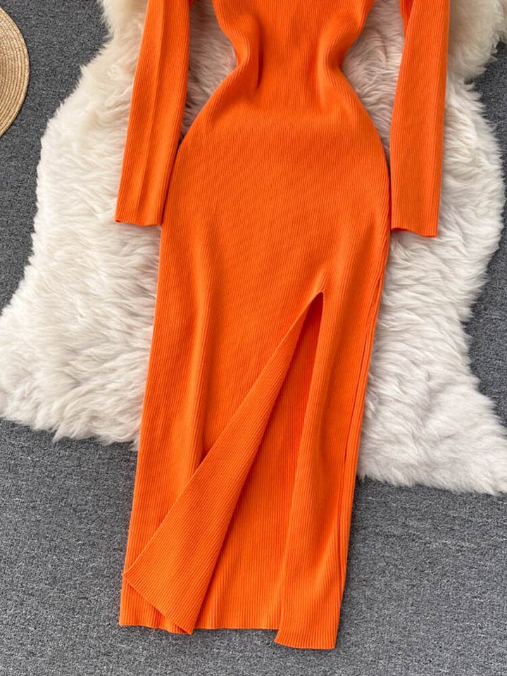 Kvinnors Ribbad Stickad Bodycon Maxi Klänning – Långärmad V-ringad Stil för Höst och Vinter