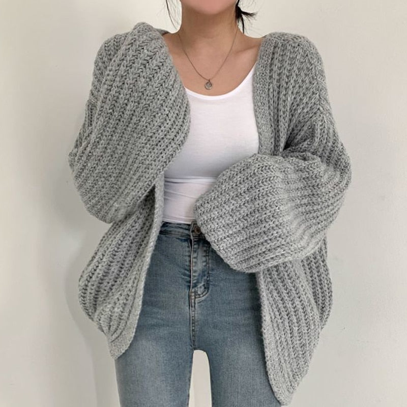 Kvinnors Chunky Stickad Cardigan Ballongärmar Avslappnad Passform Lager