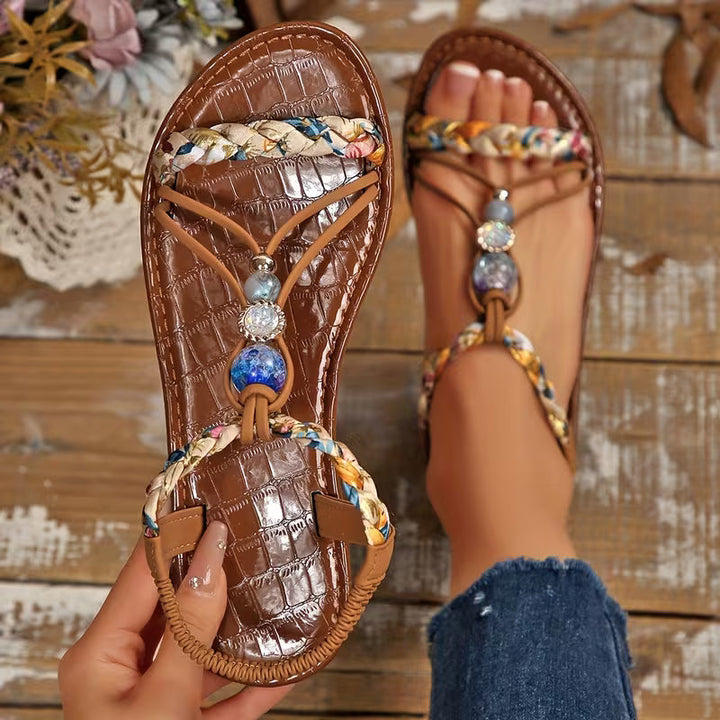 Kvinnors Pärlade Tå-Post Sandaler – Flätad Platt Boho Stil för Sommaren
