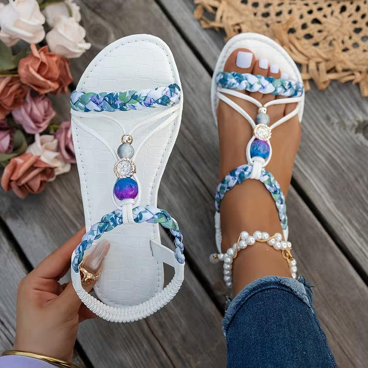 Kvinnors Pärlade Tå-Post Sandaler – Flätad Platt Boho Stil för Sommaren