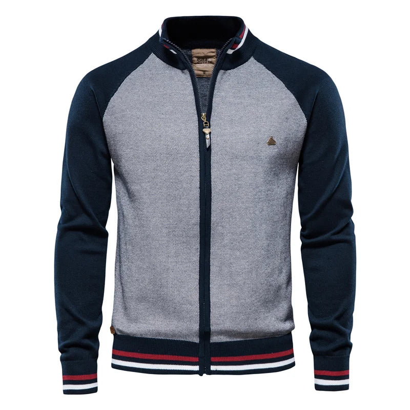 Mans Tvåfärgad Zip Cardigan Ribbad Ståkrage Jacka