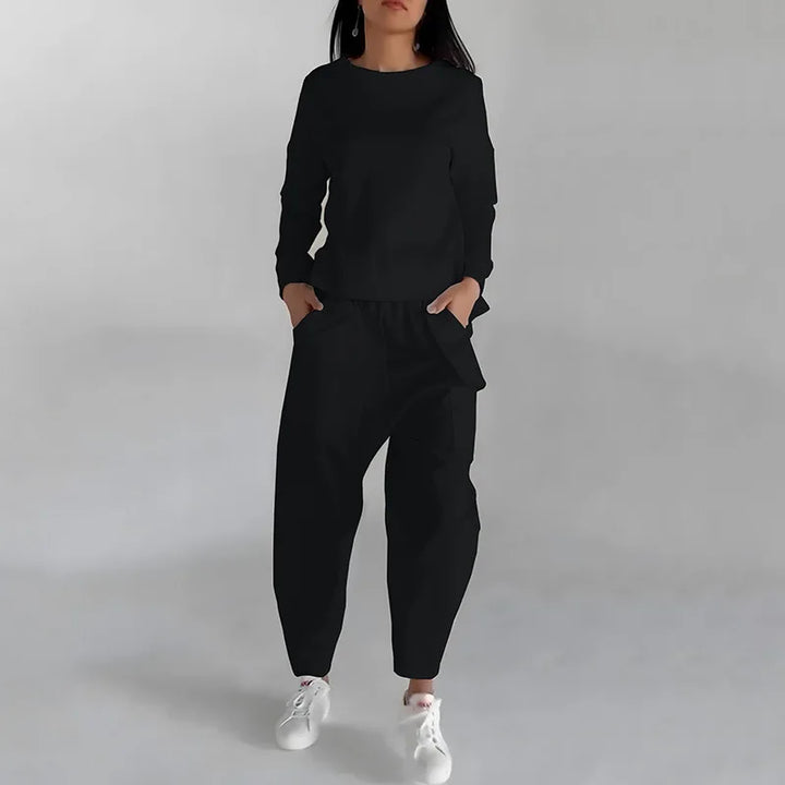 Kvinnors Crew-Neck Sweatshirt och Cargo Jogger Set – Avslappnad Tvådelad Casual Outfit