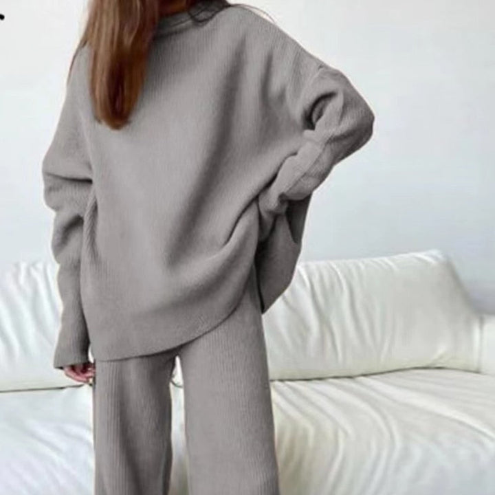 Kvinnors Oversized Stickad Topp och Vida Byxor Set – Avslappnad Tvådelad Loungewear
