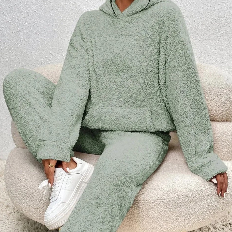 Kvinnors Teddy Lounge Set – Huva Fleece Tvådelad för Vinteravkoppling