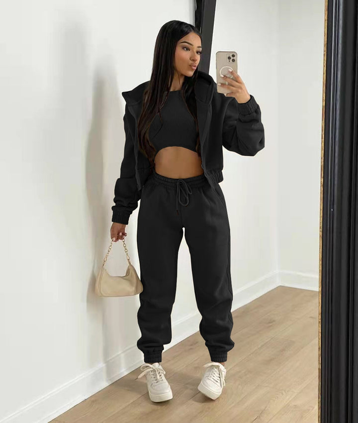 Kvinnors Tre-delade Träningsset – Crop Top, Huva Jacka och Joggers för Höst och Vinter