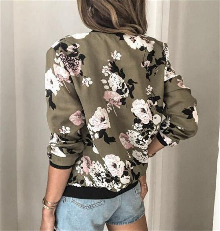 Dam Floral Bomberjacka Dragkedja Framsidan Lätt Casual Lager