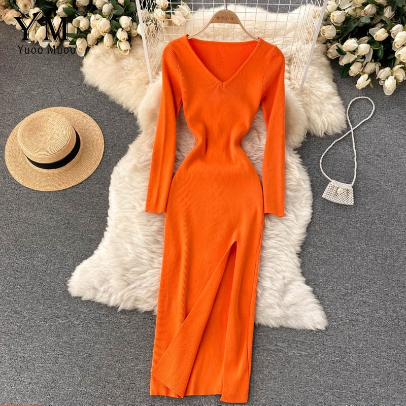 Kvinnors Ribbad Stickad Bodycon Maxi Klänning – Långärmad V-ringad Stil för Höst och Vinter