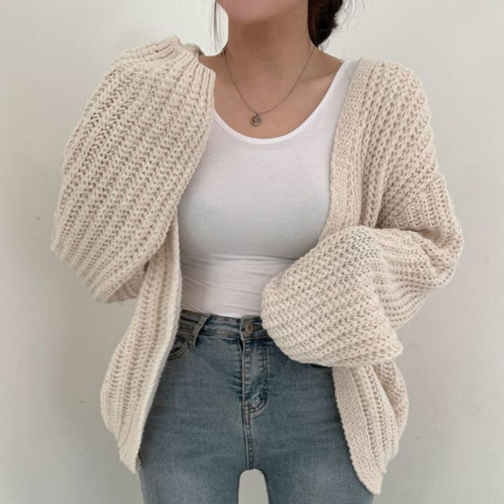 Kvinnors Chunky Stickad Cardigan Ballongärmar Avslappnad Passform Lager