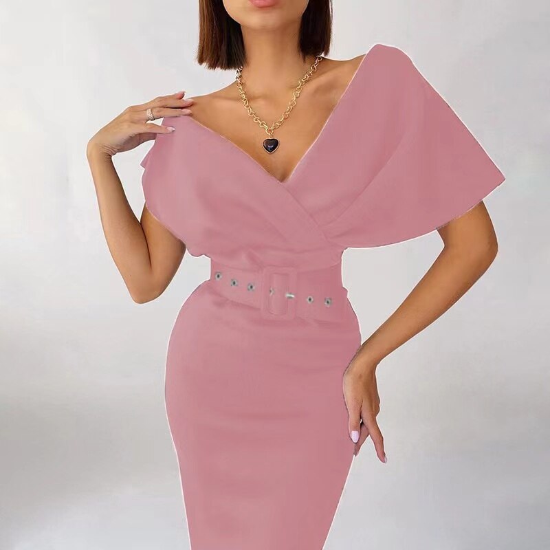 Kvinnors Bodycon Klänning Off Shoulder Strukturerad Bälte Midi Elegans