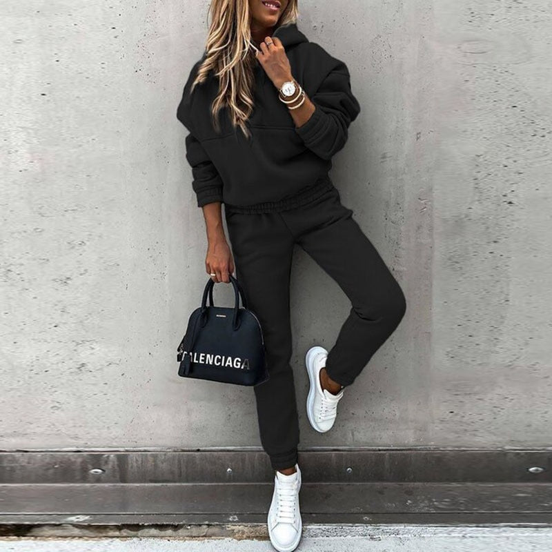 Kvinnors Pullover Hoodie och Jogger Träningsset – Avslappnad Tvådelad Aktiv Stil