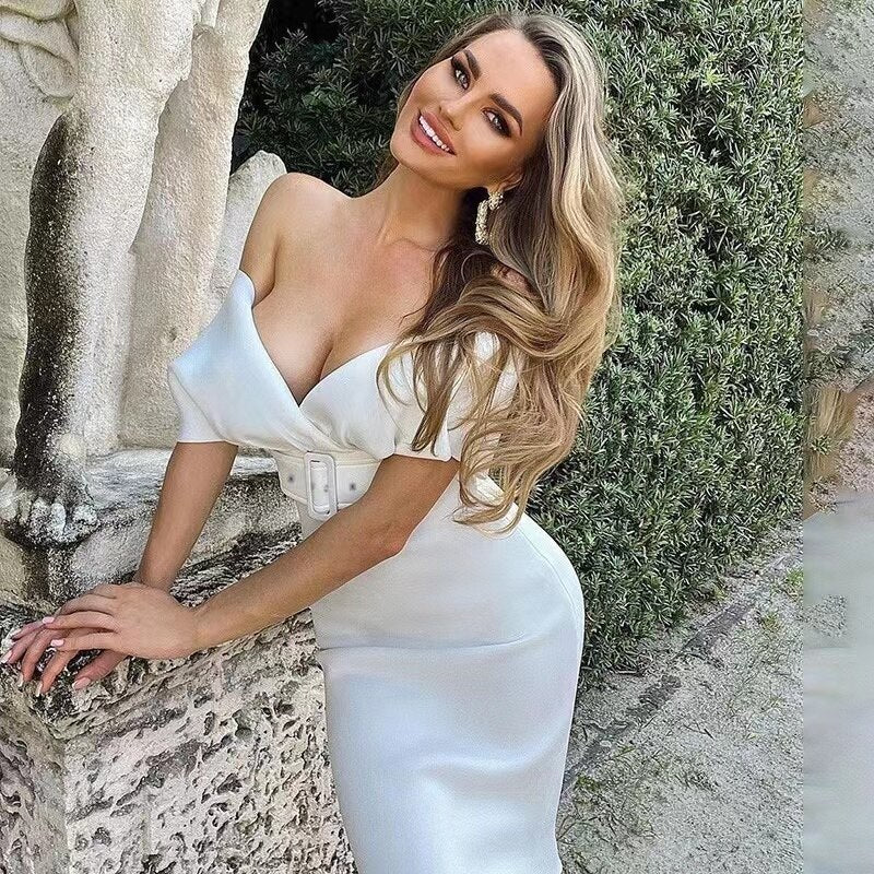 Kvinnors Bodycon Klänning Off Shoulder Strukturerad Bälte Midi Elegans