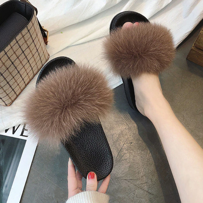 Kvinnors Fluffiga Fuskpäls Tofflor Mjuka Plysch Slide Sandaler Öppen Tå Bekväm Passform