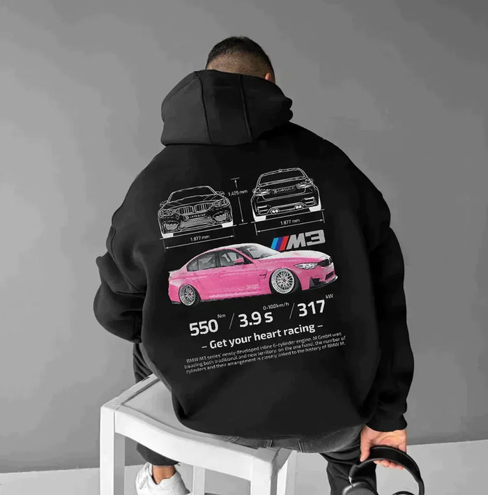 Herrens Oversized Automotive Graphic Hoodie – Avslappnad Streetwear Layer för Vardagsbruk