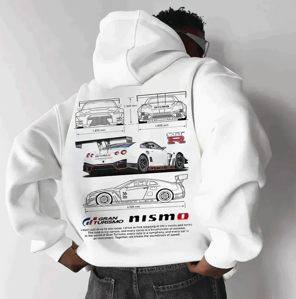 Herrens Oversized Automotive Graphic Hoodie – Avslappnad Streetwear Layer för Vardagsbruk