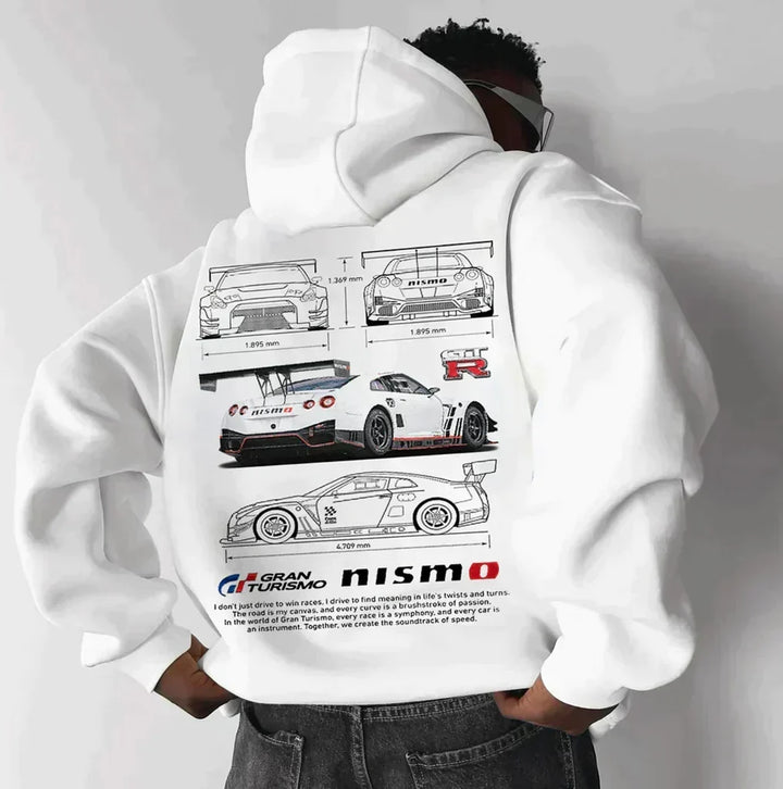 Herrens Oversized Automotive Graphic Hoodie – Avslappnad Streetwear Layer för Vardagsbruk