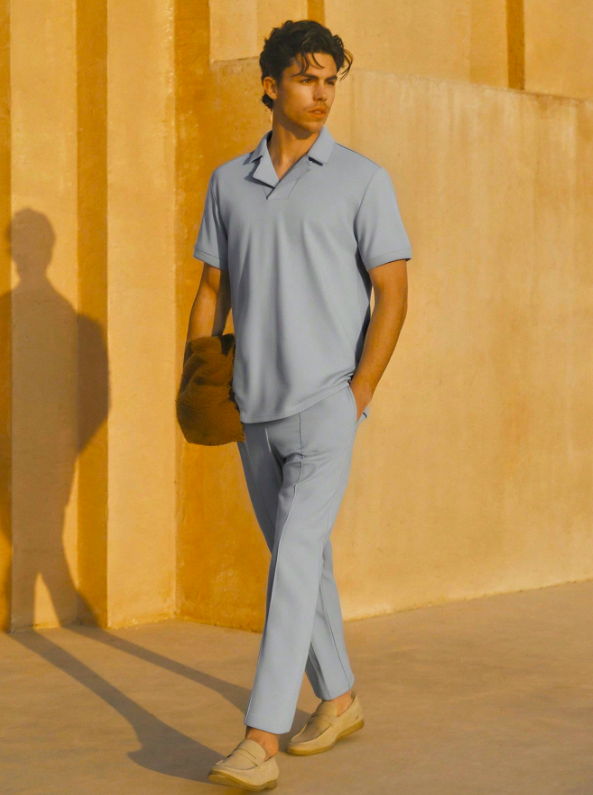 Herrars Minimalistiska Sommar Co Ord Set Kortärmad Polo Skjorta och Taperade Byxor Lättviktig Outfit