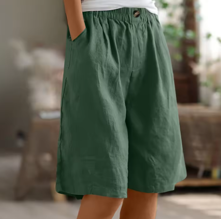 Kvinnors Avslappnade Bermuda Shorts – Bred Benstil för Sommaren med Elastisk Midja och Fickor