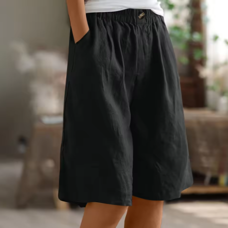Kvinnors Avslappnade Bermuda Shorts – Bred Benstil för Sommaren med Elastisk Midja och Fickor