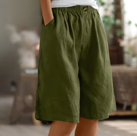 Kvinnors Avslappnade Bermuda Shorts – Bred Benstil för Sommaren med Elastisk Midja och Fickor