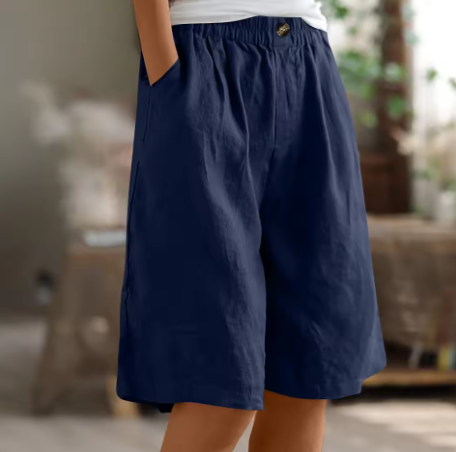 Kvinnors Avslappnade Bermuda Shorts – Bred Benstil för Sommaren med Elastisk Midja och Fickor