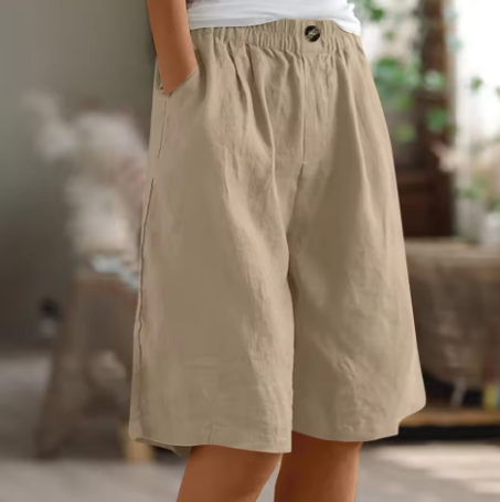 Kvinnors Avslappnade Bermuda Shorts – Bred Benstil för Sommaren med Elastisk Midja och Fickor