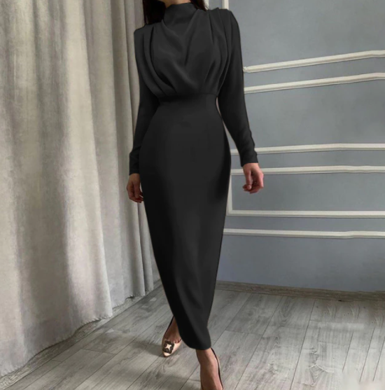 Kvinnors långärmad midi-klänning med hög hals, figursydd midja, elegant bodycon-stil