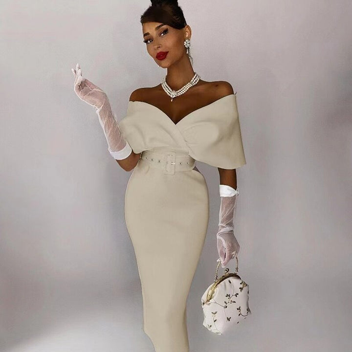 Kvinnors Bodycon Klänning Off Shoulder Strukturerad Bälte Midi Elegans