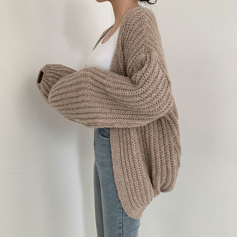 Kvinnors Chunky Stickad Cardigan Ballongärmar Avslappnad Passform Lager