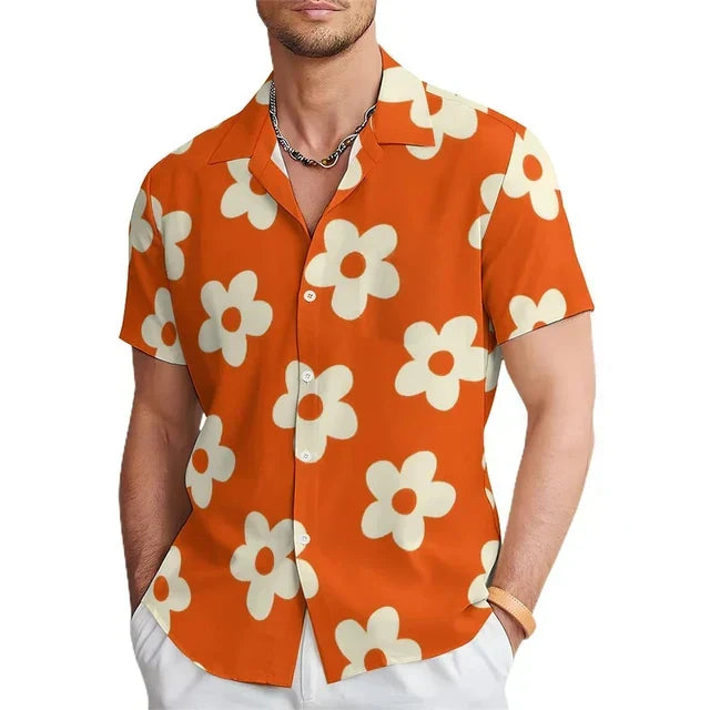 Herrskjorta med blommönster i stark orange, kortärmad sommartopp