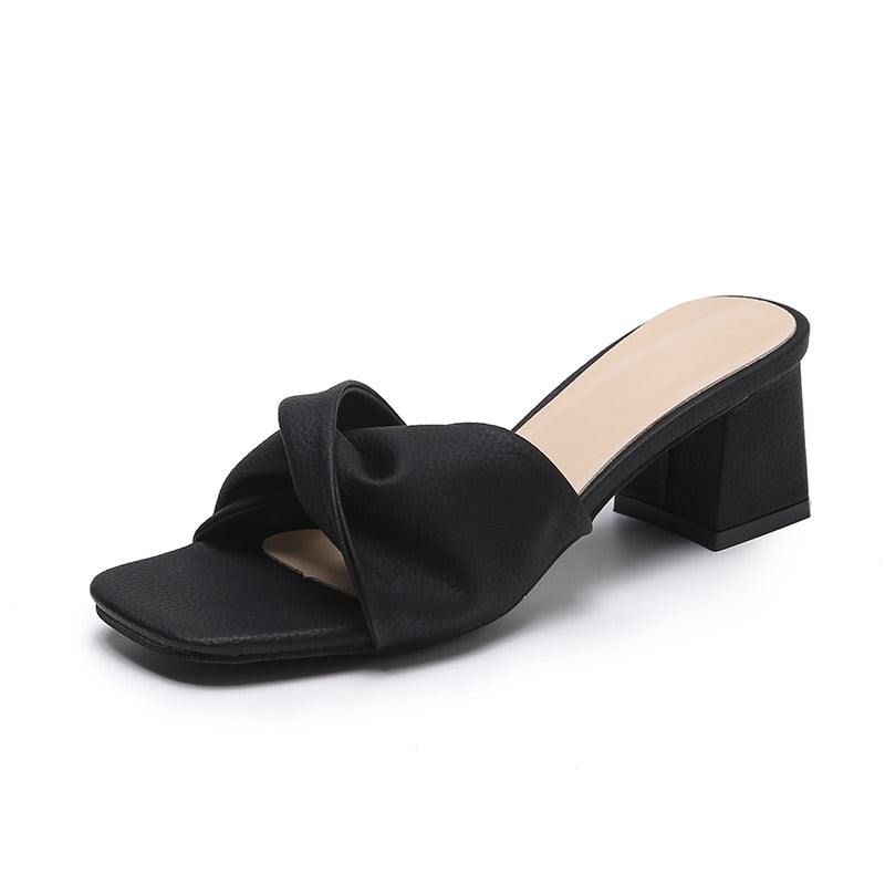 Kvinnors Blockklack Mule Sandaler Tvistad Rem Öppen Tå Elegant Slip-On Klackar