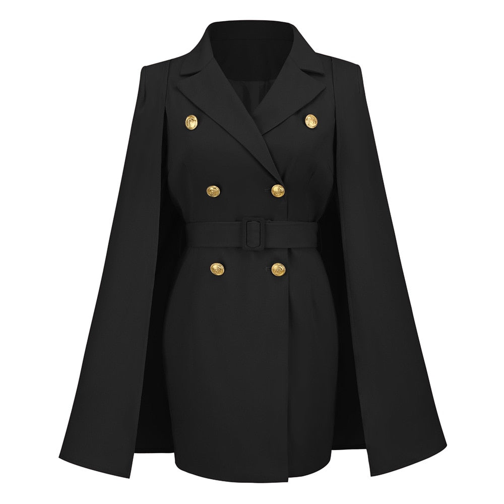 Kvinnors Cape Blazer Mini Klänning – Bälte Tailored Stil för Kontor och Kvällsbruk