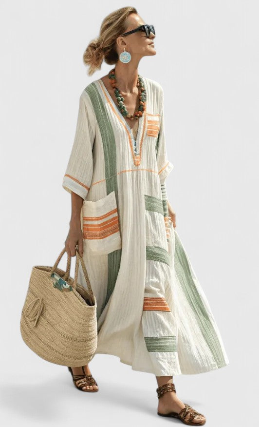 Kvinnors Oversized Randig Kaftan V-Hals Maxi Klänning
