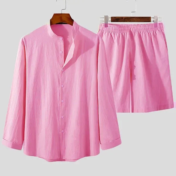 Herrarnas linne-bomull sommarset med andningsbar skjorta och shorts, avslappnad passform, semesteroutfit